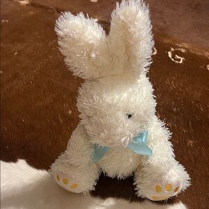 FAO Schwarz Plush Easter Bunny Rabbit White Fluffy Yellow Paws Blue Bow 12”